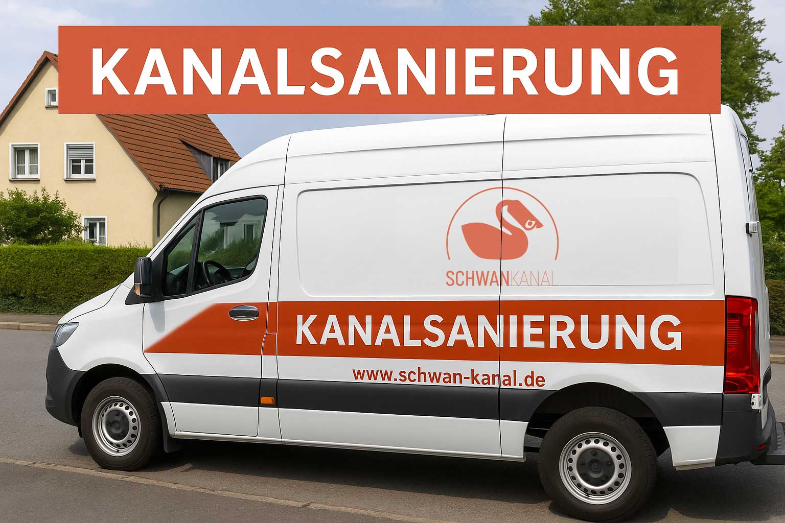 kanalsanierung-schwan-kanal Weißer Service-Transporter von Schwan Kanal mit Aufschrift „Kanalsanierung“ und Website www.schwan-kanal.de